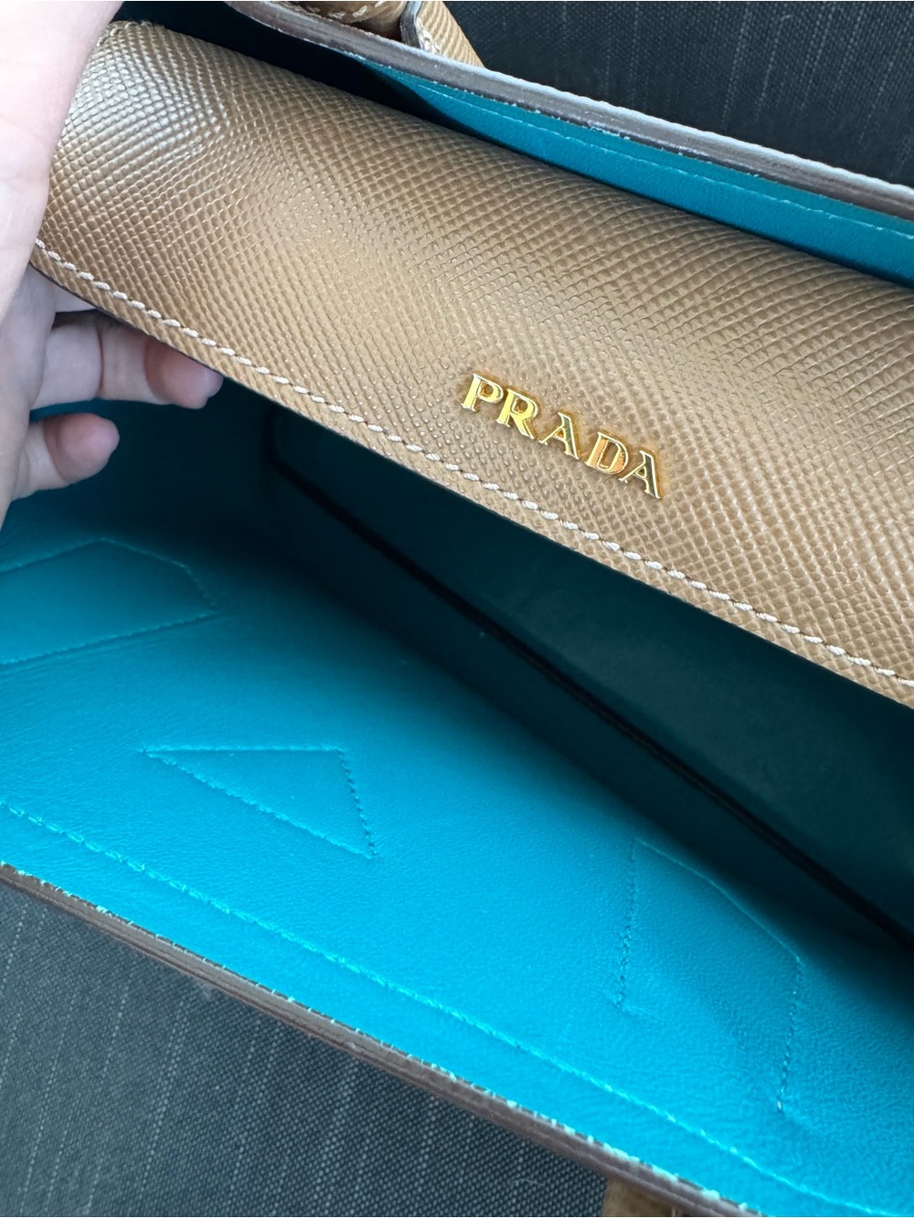 Prada Brown Double Saffiano Tote with Turquoise Interior Rare - Picture 10 of 13